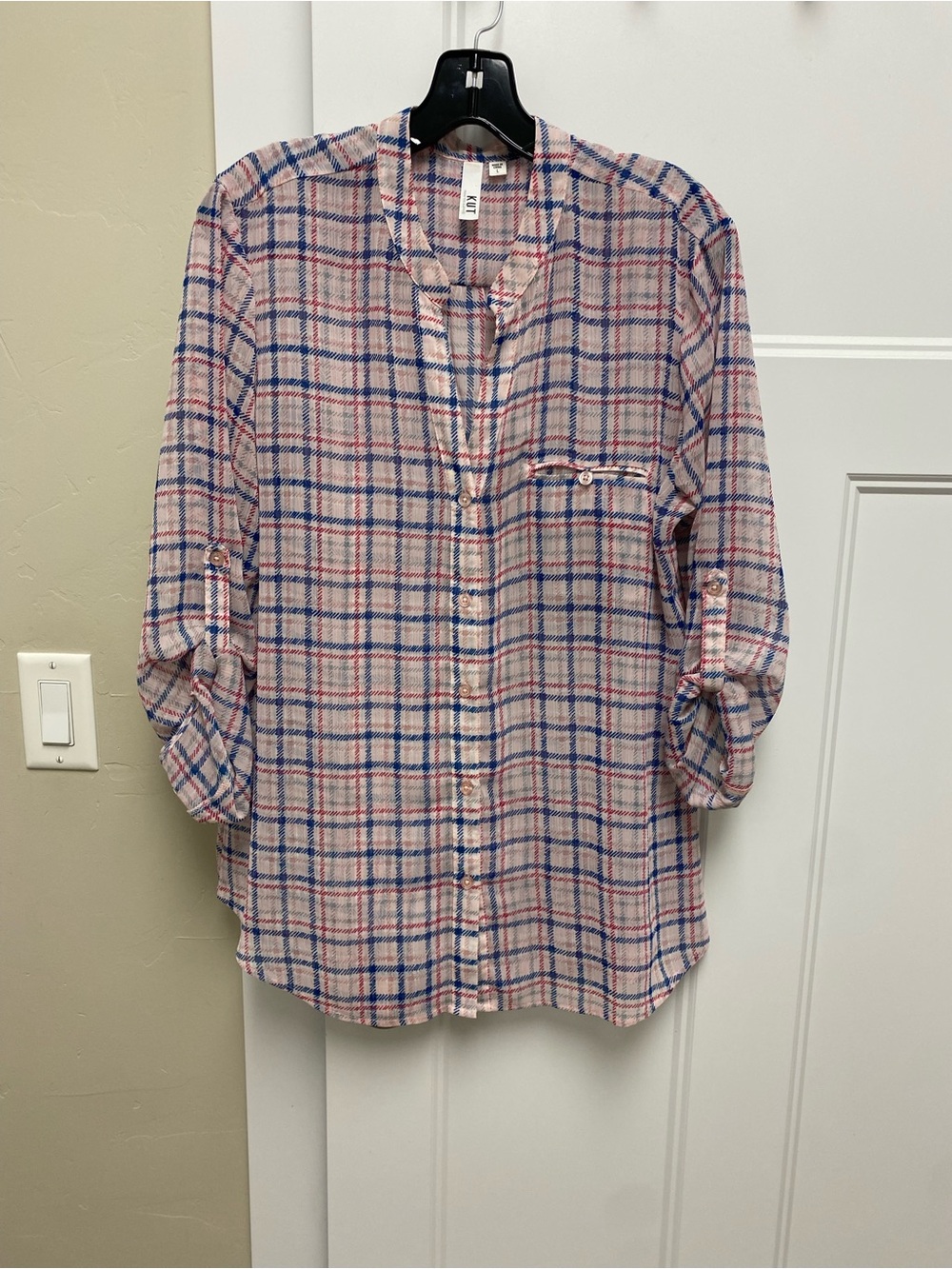 Kut from the Kloth Cream Plaid Button-Front Shirt with Blue & Red Checks